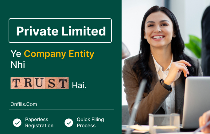 Professional woman expressing satisfaction and trust associated with private limited company registration, along with promotional text and website details.